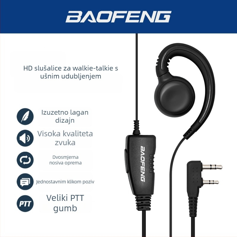 Walkie-Talkie slušalica s PU mekim držačem za uho, protiv smetnji, raspon 5–10 km, RF izlazna snaga 3 W, impedancija 5 Ω