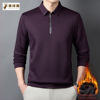 Muška zimska polo majica s flis podstavom u vunom-pamučnom miksu, polu-zip zatvarač, dugi rukav, ležernog kroja