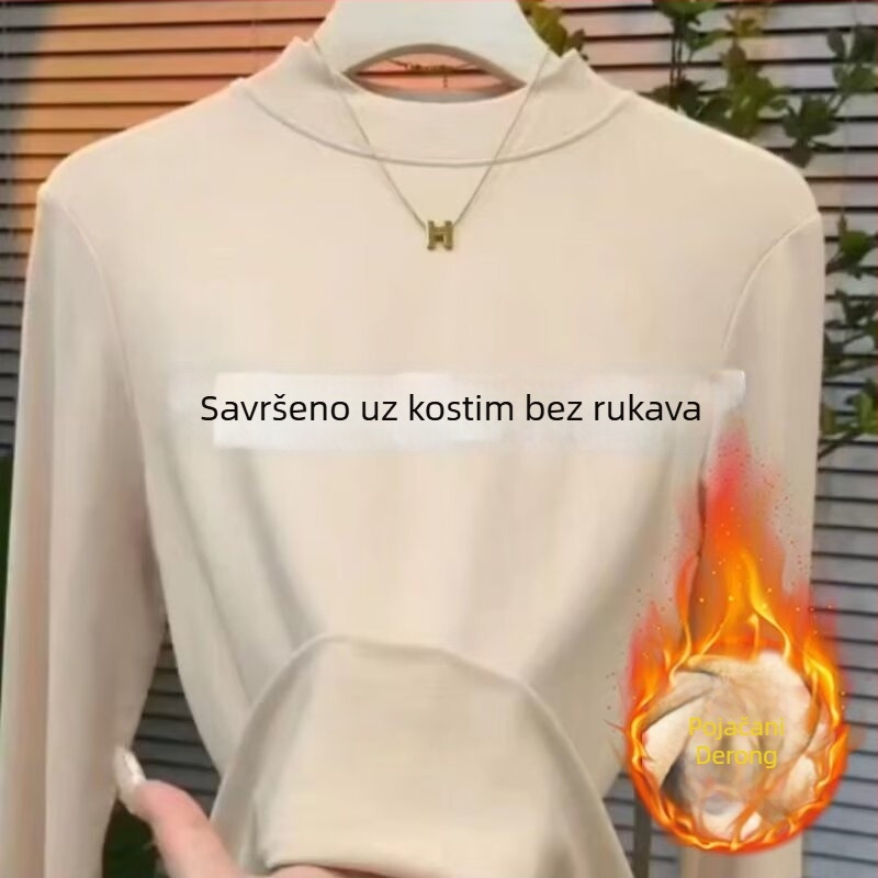 Ženski top s flecom, dugi rukavi, jednobojna poliester, poluovratnik, ravni kroj, topao za jesen-zimu