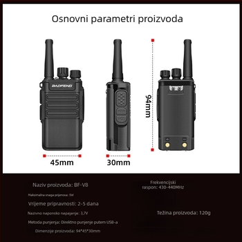 Baofeng BF-V8 mini ručni radio, visoka snaga, 400-470 MHz, 5W, 16 kanala, 5800 mAh, vodootporan