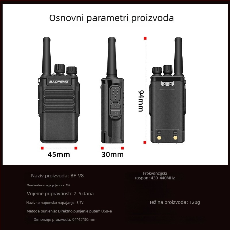Baofeng BF-V8 mini ručni radio, visoka snaga, 400-470 MHz, 5W, 16 kanala, 5800 mAh, vodootporan