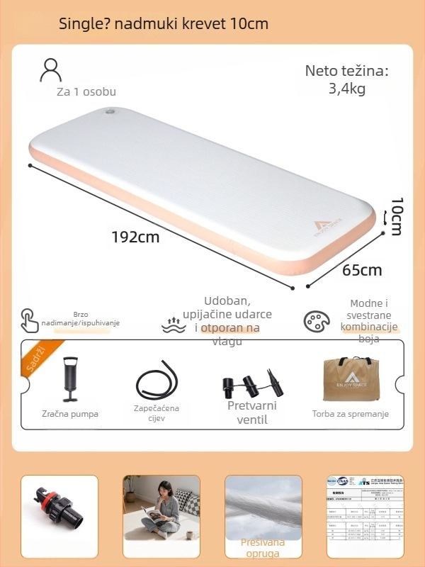 Naduvani kamping madrac, PVC površina, dvostruka konstrukcija, težina 3 kg, vanjska električna pumpa zraka