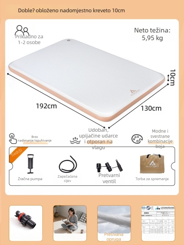 Naduvani kamping madrac, PVC površina, dvostruka konstrukcija, težina 3 kg, vanjska električna pumpa zraka