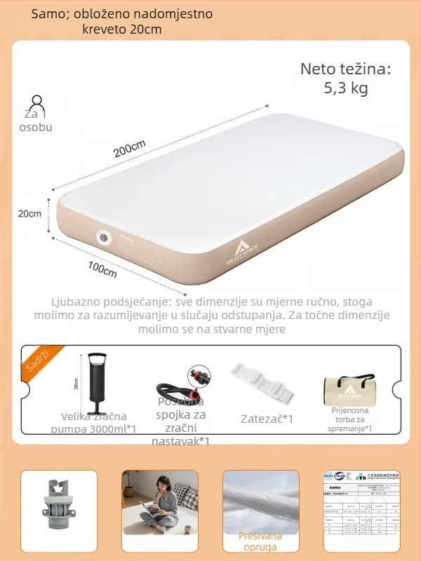 Naduvani kamping madrac, PVC površina, dvostruka konstrukcija, težina 3 kg, vanjska električna pumpa zraka