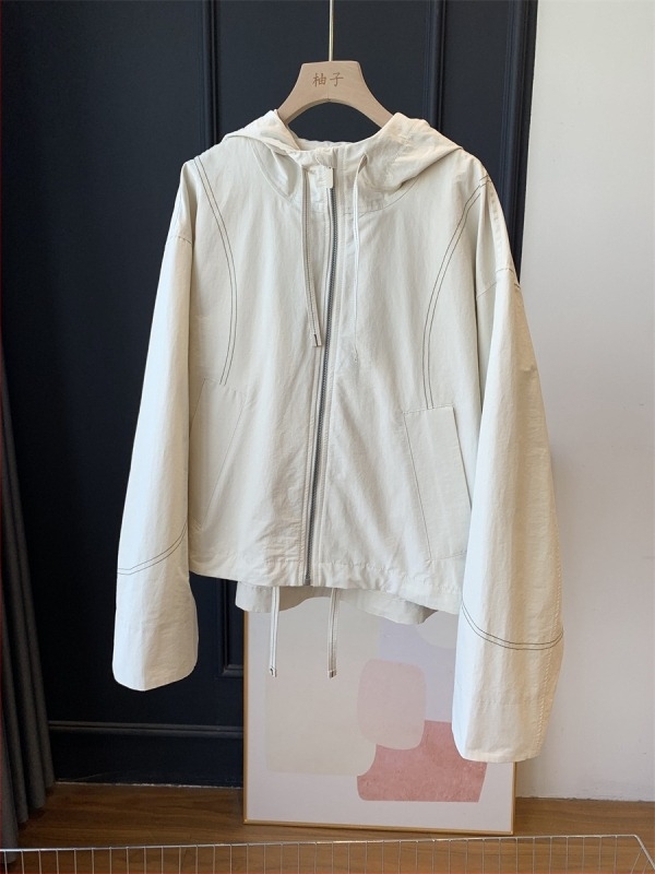 Ženski pamučni windbreaker s kapuljom i zipom, slobodan kroj, dugi rukavi