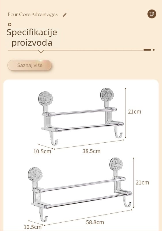 Držač za ručnike u kupaonici s vakuum usisavanjem, dvostruka šipka s kukom, zidni, materijali: plast i nehrđajući čelik
