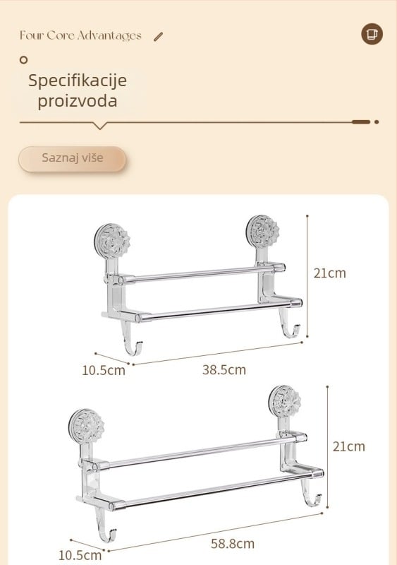 Držač za ručnike u kupaonici s vakuum usisavanjem, dvostruka šipka s kukom, zidni, materijali: plast i nehrđajući čelik