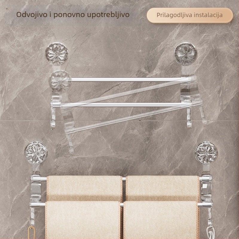 Držač za ručnike u kupaonici s vakuum usisavanjem, dvostruka šipka s kukom, zidni, materijali: plast i nehrđajući čelik