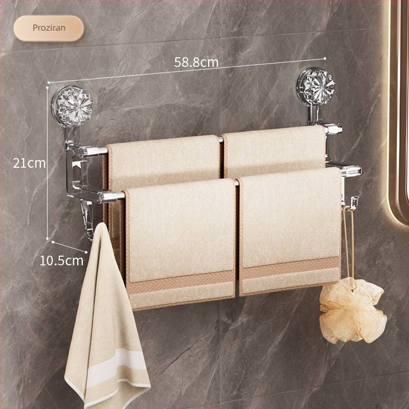 Držač za ručnike u kupaonici s vakuum usisavanjem, dvostruka šipka s kukom, zidni, materijali: plast i nehrđajući čelik