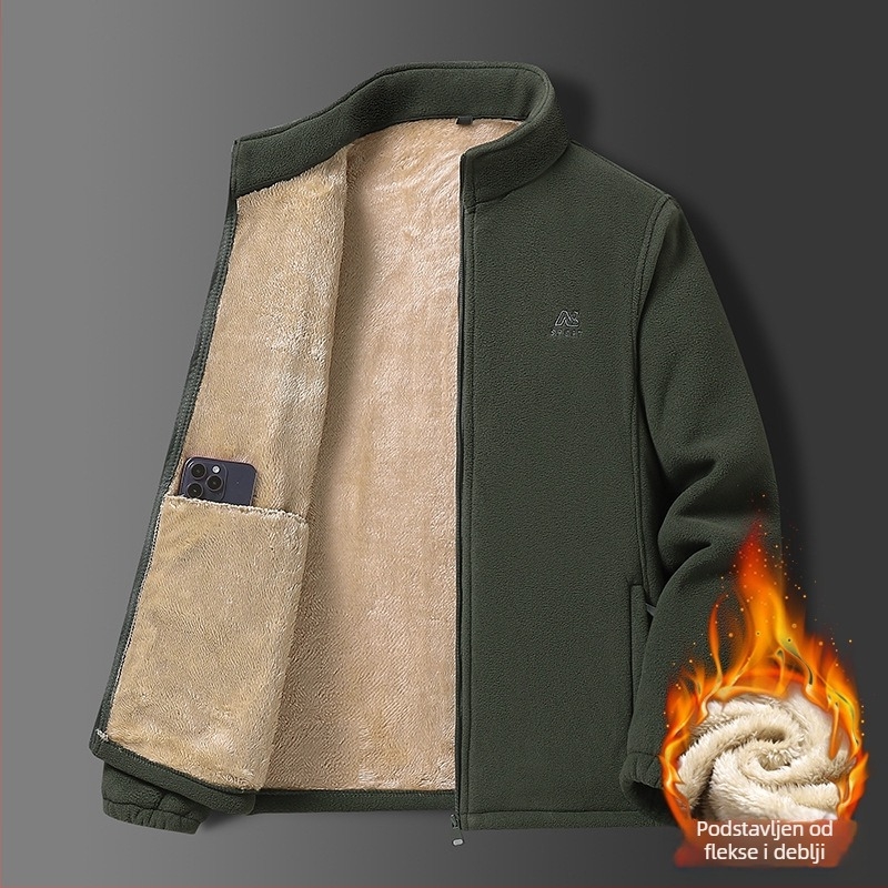 Muško jakna s reverom, flis podstava, poliester materijal, gradski stil, opušten kroj.