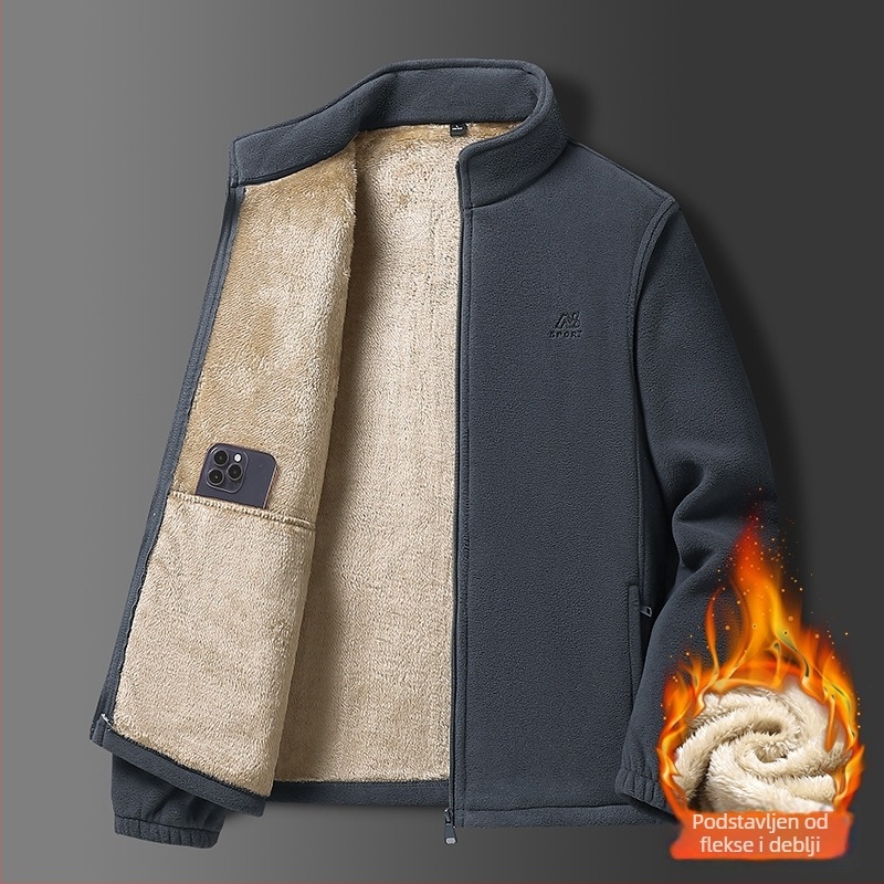Muško jakna s reverom, flis podstava, poliester materijal, gradski stil, opušten kroj.