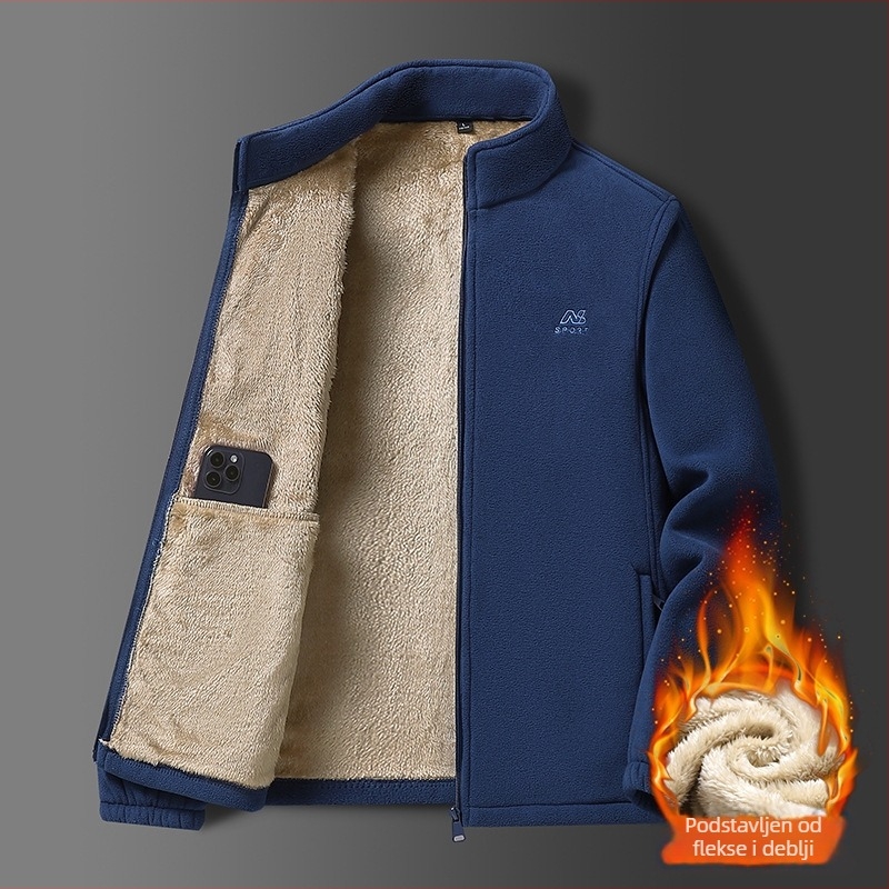 Muško jakna s reverom, flis podstava, poliester materijal, gradski stil, opušten kroj.