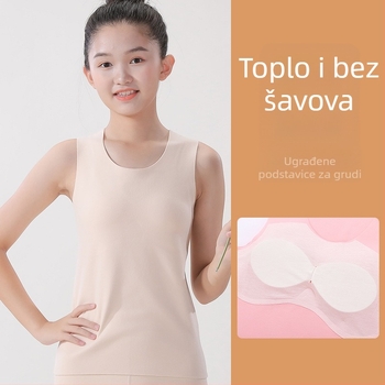 Djevojčice topla bezruk vest s unutarnjim jastučem za prsa, bezšivna, okruglog vrata - poliester 90%, za djecu 8+ godina (>140 cm), zima 2025