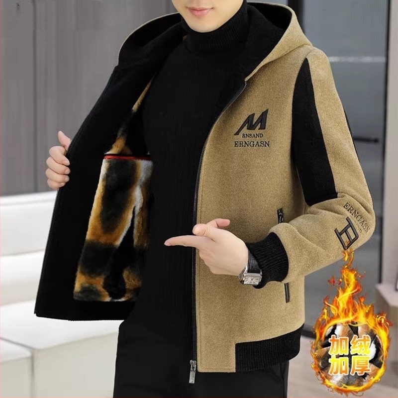 Muška vunena jakna s fleec podstavom, kapuljačom, zipom, stojeći ovratnik, širok kroj, gradski stil