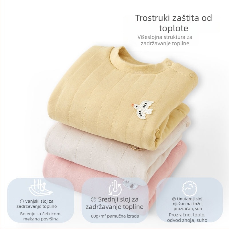Dječja prešivana pamučna termalna majica, okrugli vrat, unutarnji sloj, 100% pamuk, uzrast 1–3 godina, zimska uporaba