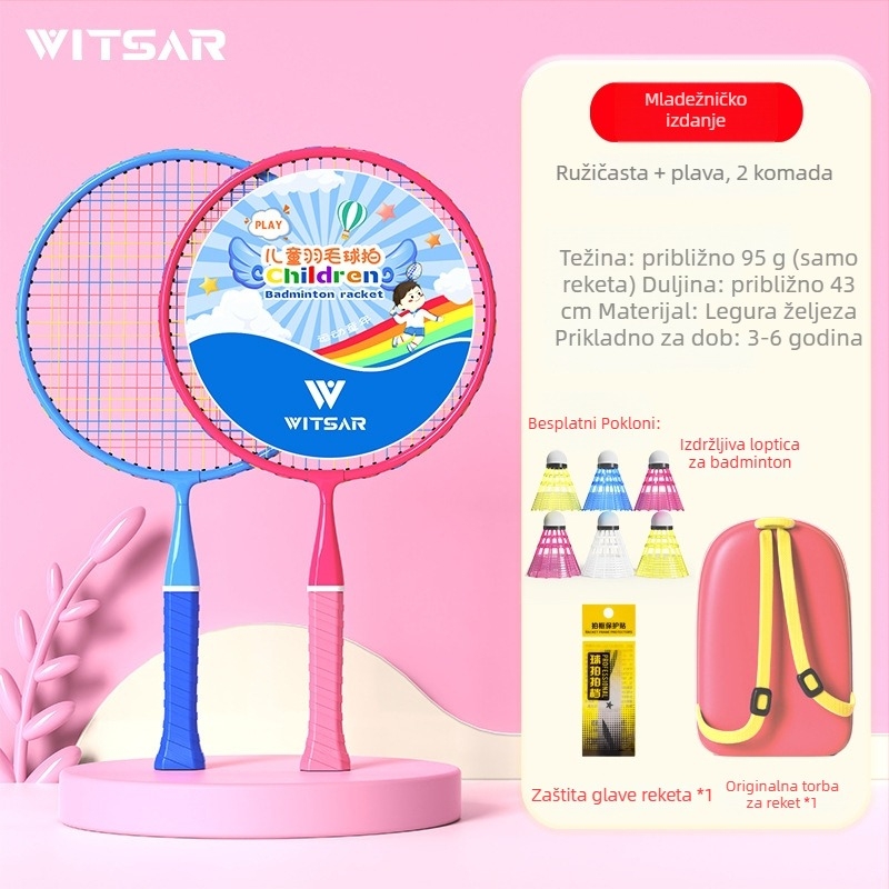 Dječji set badminton raketa – izdržljive dvostruke rakete, 95–100 g, okvir od željezne legure, najlon žice, držač G1, umjerena tvrdoća osovine