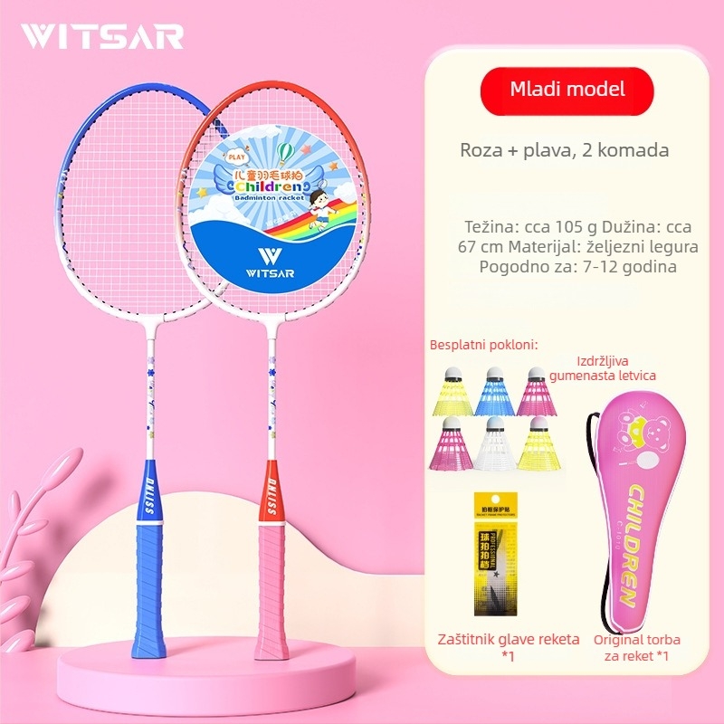 Dječji set badminton raketa – izdržljive dvostruke rakete, 95–100 g, okvir od željezne legure, najlon žice, držač G1, umjerena tvrdoća osovine