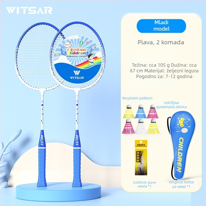 Dječji set badminton raketa – izdržljive dvostruke rakete, 95–100 g, okvir od željezne legure, najlon žice, držač G1, umjerena tvrdoća osovine