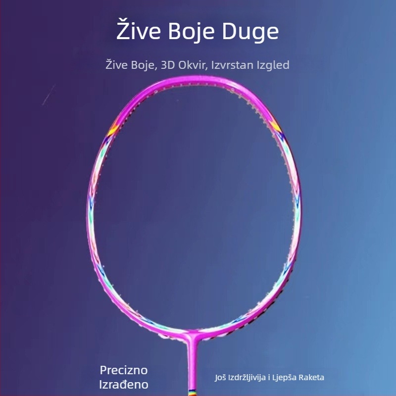 Raketa za badminton s punim karbonskim okvirom, duljina 675 mm, težina 75–79 g, držač G5