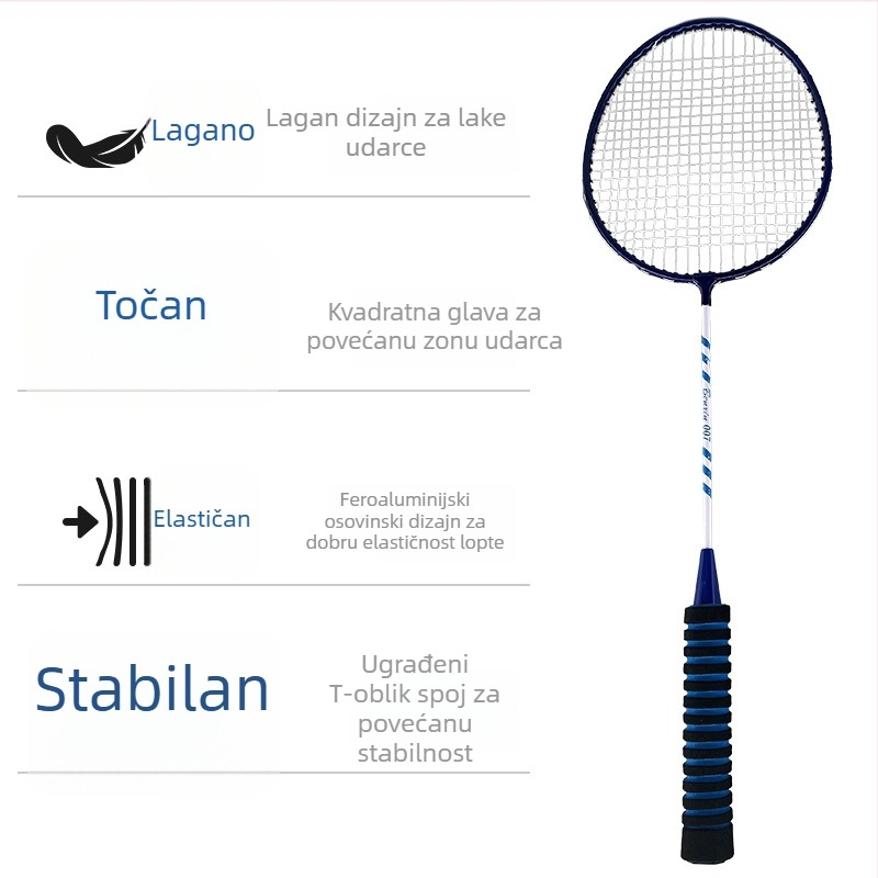 Raketa za badminton s okvirom od željezne legure, težina 75–79 g, drška od pjene s anti-slip površinom, dizajn ravne glave, mogućnost ispisa logotipa