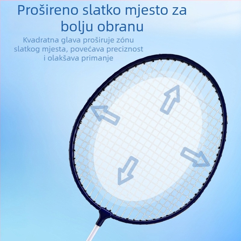 Raketa za badminton s okvirom od željezne legure, težina 75–79 g, drška od pjene s anti-slip površinom, dizajn ravne glave, mogućnost ispisa logotipa