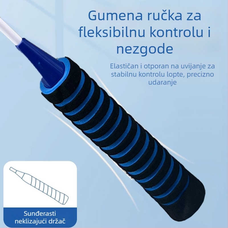 Raketa za badminton s okvirom od željezne legure, težina 75–79 g, drška od pjene s anti-slip površinom, dizajn ravne glave, mogućnost ispisa logotipa