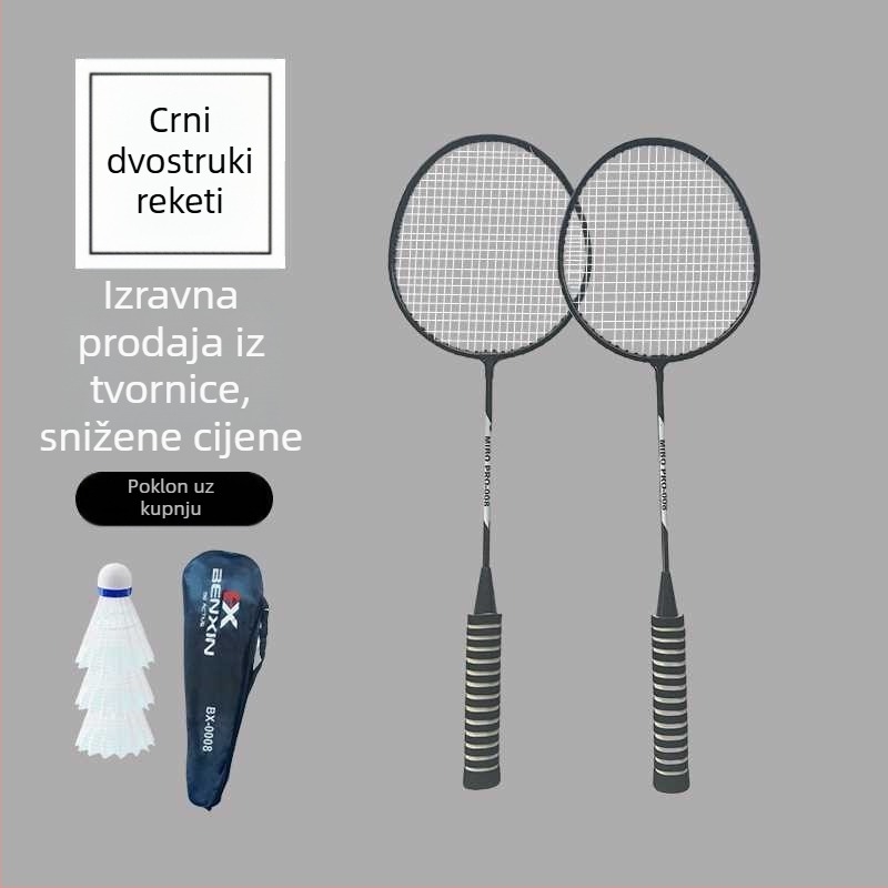 Raketa za badminton s okvirom od željezne legure, težina 75–79 g, drška od pjene s anti-slip površinom, dizajn ravne glave, mogućnost ispisa logotipa