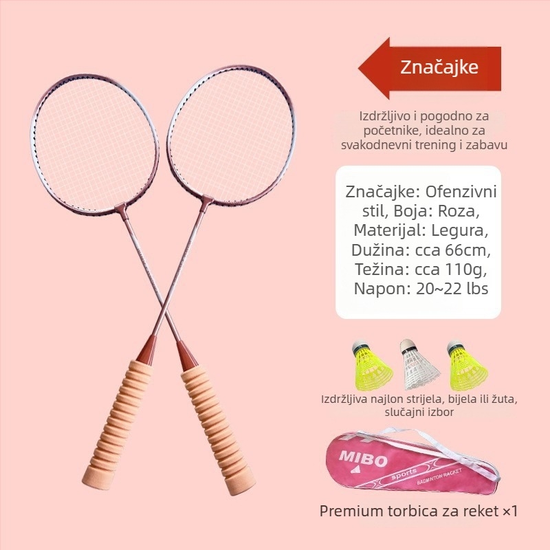 Raketa za badminton s okvirom od željezne legure, težina 75–79 g, drška od pjene s anti-slip površinom, dizajn ravne glave, mogućnost ispisa logotipa
