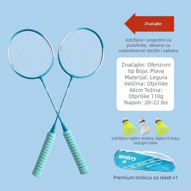 Raketa za badminton s okvirom od željezne legure, težina 75–79 g, drška od pjene s anti-slip površinom, dizajn ravne glave, mogućnost ispisa logotipa