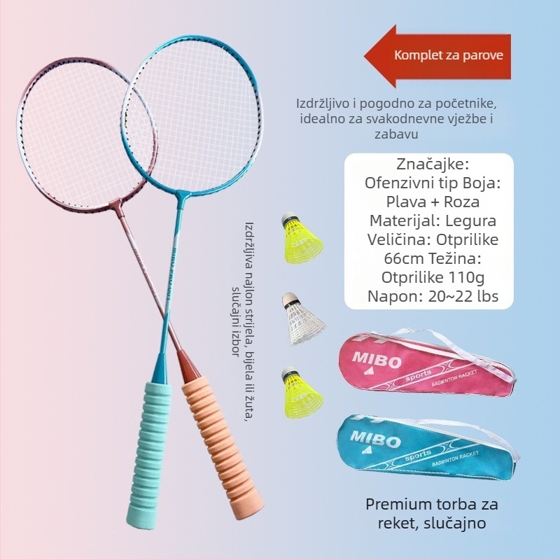 Raketa za badminton s okvirom od željezne legure, težina 75–79 g, drška od pjene s anti-slip površinom, dizajn ravne glave, mogućnost ispisa logotipa