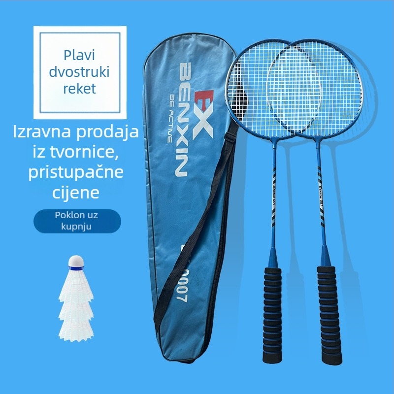 Raketa za badminton s okvirom od željezne legure, težina 75–79 g, drška od pjene s anti-slip površinom, dizajn ravne glave, mogućnost ispisa logotipa