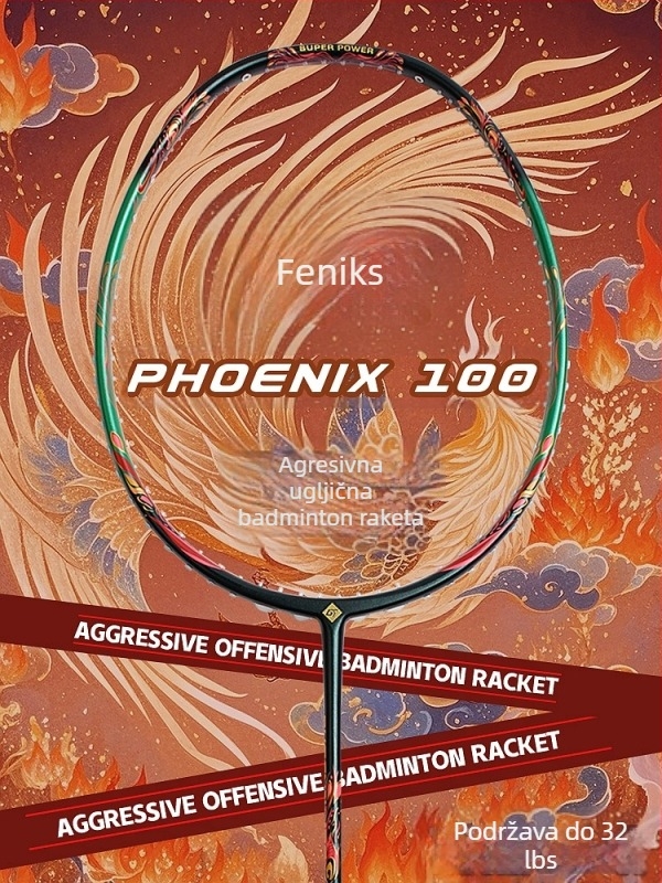 Badminton raketa, okvir od karbonskih vlakana, težina 80–84 g, debljina drške G5, direktni udar, natjecateljska razina
