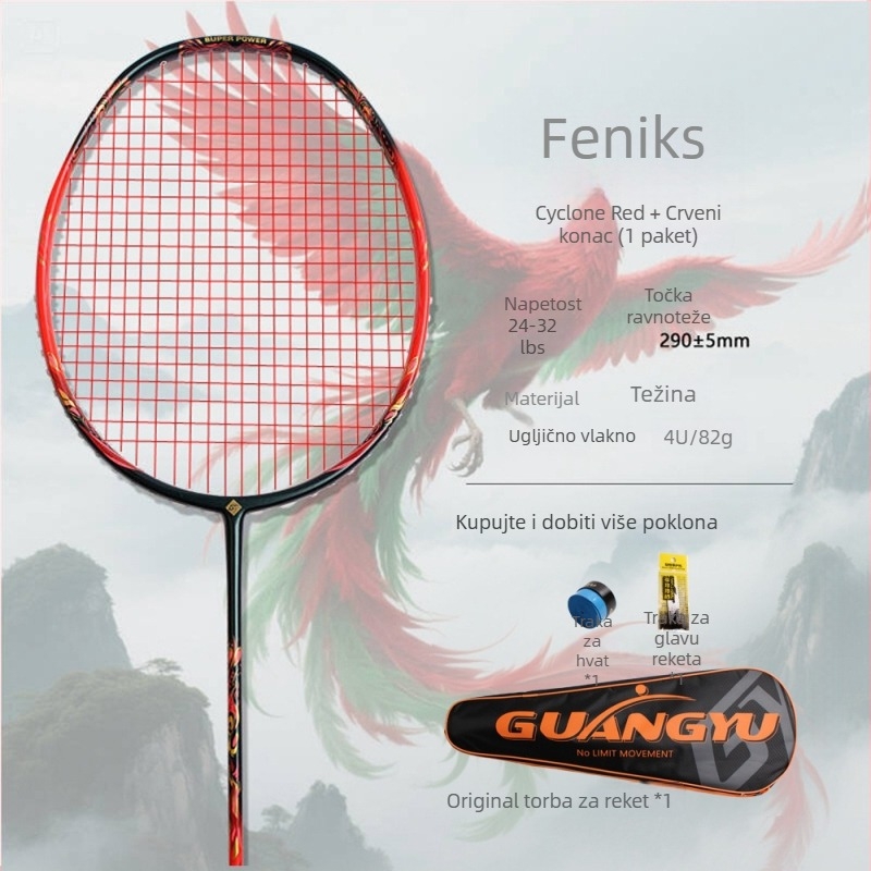 Badminton raketa, okvir od karbonskih vlakana, težina 80–84 g, debljina drške G5, direktni udar, natjecateljska razina