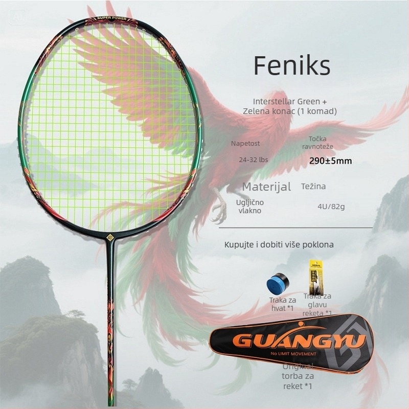 Badminton raketa, okvir od karbonskih vlakana, težina 80–84 g, debljina drške G5, direktni udar, natjecateljska razina