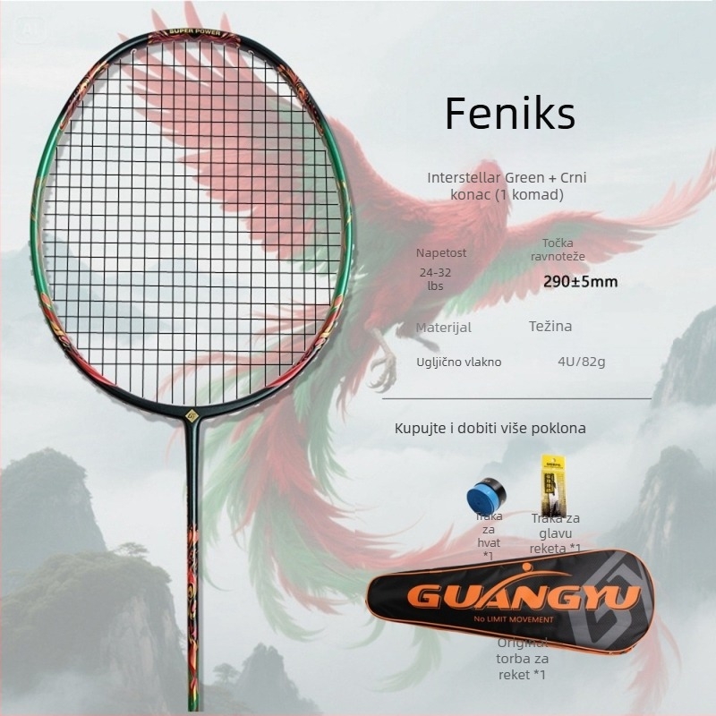 Badminton raketa, okvir od karbonskih vlakana, težina 80–84 g, debljina drške G5, direktni udar, natjecateljska razina