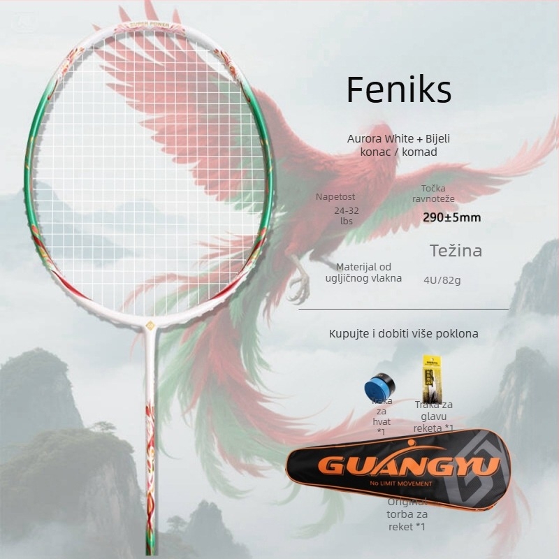 Badminton raketa, okvir od karbonskih vlakana, težina 80–84 g, debljina drške G5, direktni udar, natjecateljska razina