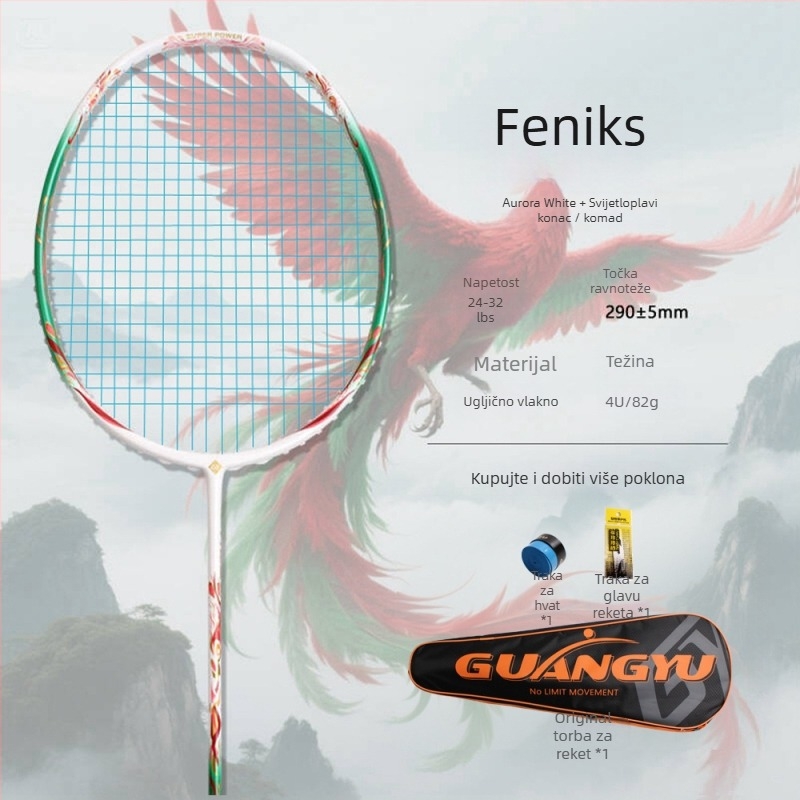 Badminton raketa, okvir od karbonskih vlakana, težina 80–84 g, debljina drške G5, direktni udar, natjecateljska razina