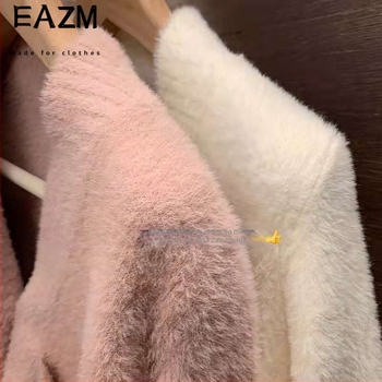 Ženski pleteni kardigan od umjetnog mink velura, jednobojan, poliester-spandeks pletenina, V-izrez, dugi rukavi, kopčanje sprijeda, opuštena silueta, srednja duljina