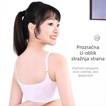 Mladi ženski bezšavni sportski top s fiksnom čašom, trokutasti oblik, tanko pjenasto punjenje, dvostruke naramenice, najlonska Ice-Silk tkanina