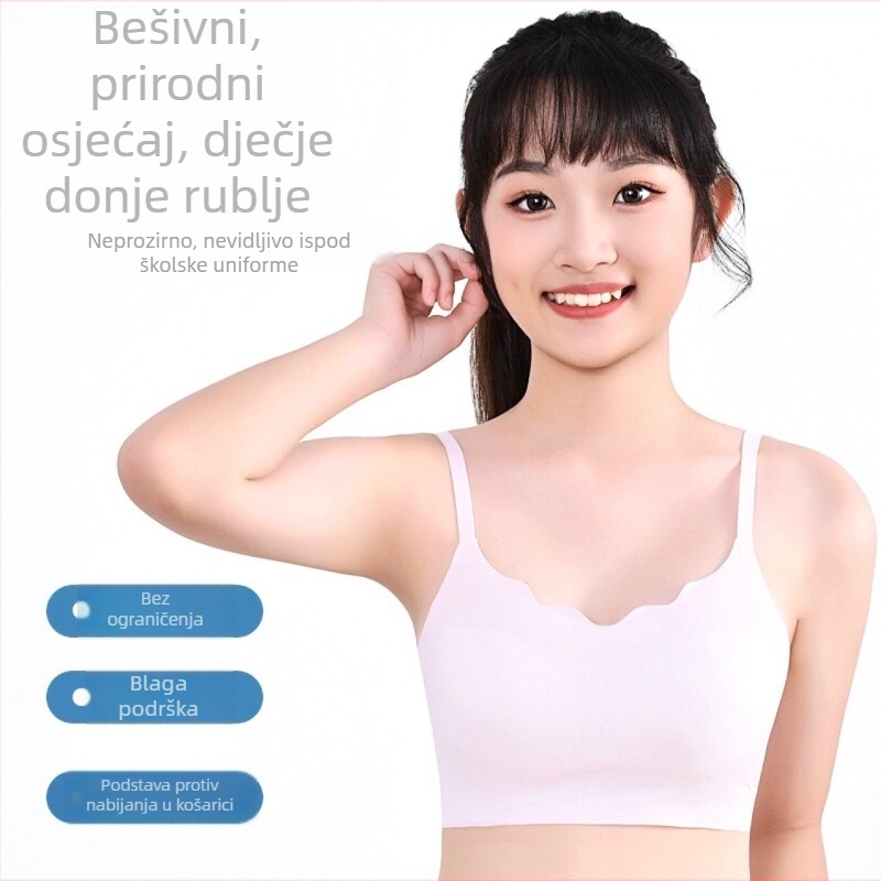 Mladi ženski bezšavni sportski top s fiksnom čašom, trokutasti oblik, tanko pjenasto punjenje, dvostruke naramenice, najlonska Ice-Silk tkanina