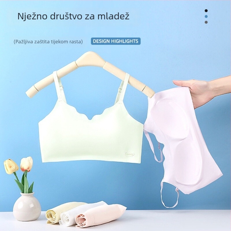 Mladi ženski bezšavni sportski top s fiksnom čašom, trokutasti oblik, tanko pjenasto punjenje, dvostruke naramenice, najlonska Ice-Silk tkanina