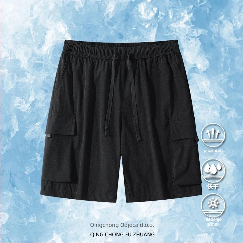 Muške sport cargo šorceve u japanskom stilu, slobodan kroj, Ice Silk/Nylon tkanina, duljina Five-Minute, ljeto 2024