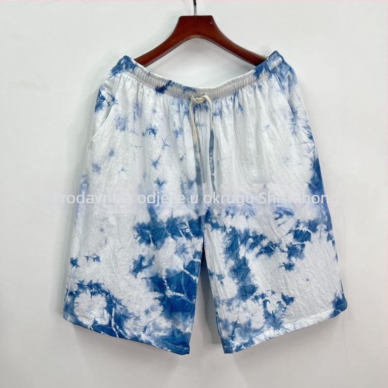 Muške šortse od pamuk-linanine tkanine s tie-dye uzorkom, opuštenog kroja, ljeto, za putovanja i plažu