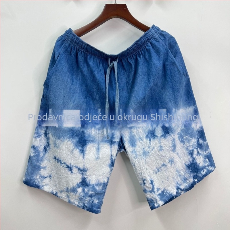 Muške šortse od pamuk-linanine tkanine s tie-dye uzorkom, opuštenog kroja, ljeto, za putovanja i plažu