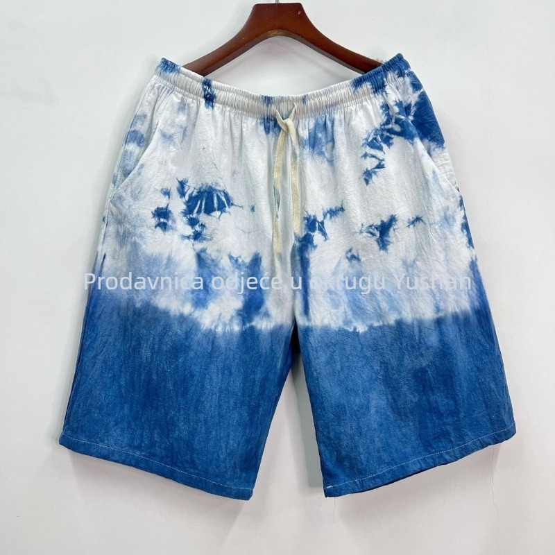 Muške šortse od pamuk-linanine tkanine s tie-dye uzorkom, opuštenog kroja, ljeto, za putovanja i plažu