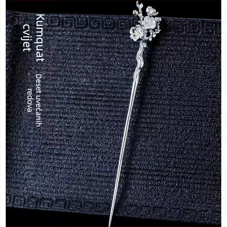 Srebrna igla za kosu s cvjetnim dizajnom za Hanfu — retro stil, elektroplatinirani završetak