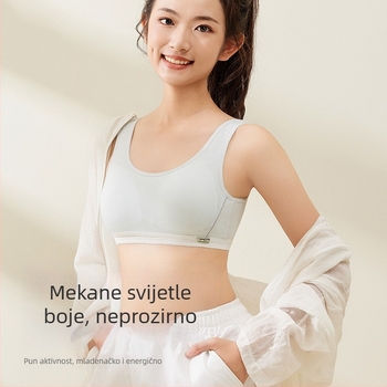 Dječji sportski grudnjak za djevojčice — faza 1 (otprilike 9–13 godina), trokutični košarice, tanke oblikovane košarice, pamuk materijal s svilenom podstavom, bez žice, čvrste dvostruke naramenice, prozračan