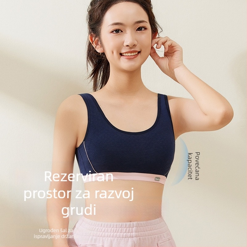 Dječji sportski grudnjak za djevojčice — faza 1 (otprilike 9–13 godina), trokutični košarice, tanke oblikovane košarice, pamuk materijal s svilenom podstavom, bez žice, čvrste dvostruke naramenice, prozračan