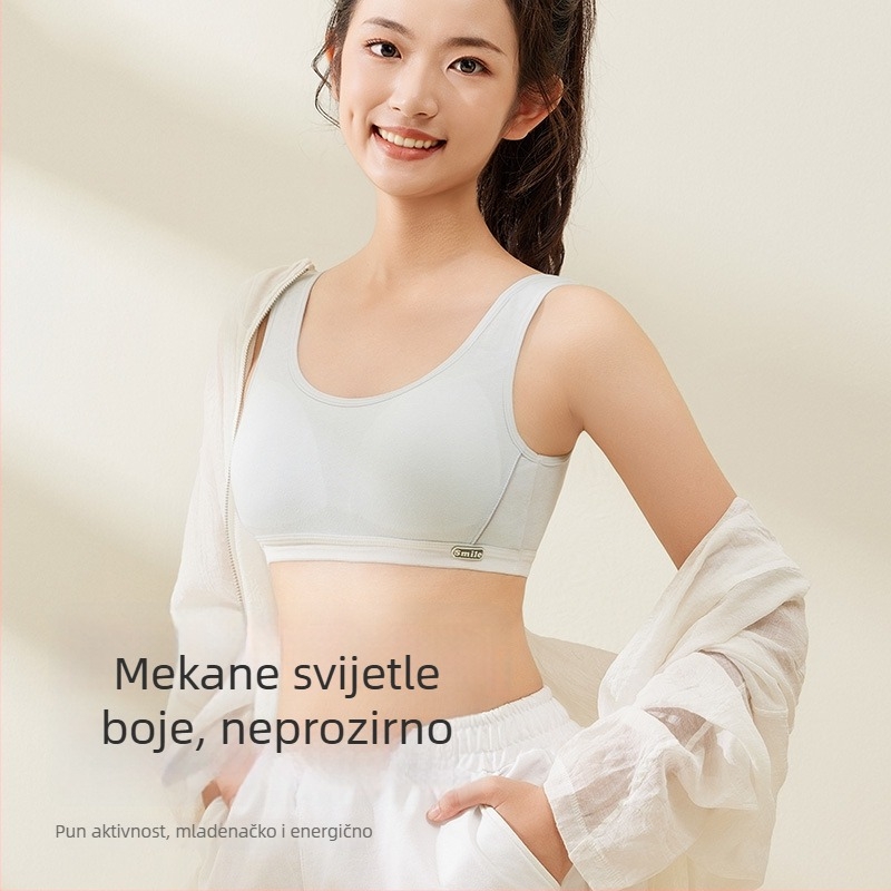 Dječji sportski grudnjak za djevojčice — faza 1 (otprilike 9–13 godina), trokutični košarice, tanke oblikovane košarice, pamuk materijal s svilenom podstavom, bez žice, čvrste dvostruke naramenice, prozračan