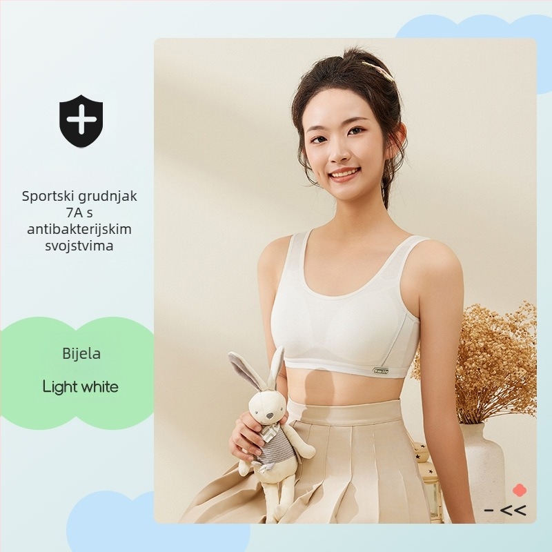 Dječji sportski grudnjak za djevojčice — faza 1 (otprilike 9–13 godina), trokutični košarice, tanke oblikovane košarice, pamuk materijal s svilenom podstavom, bez žice, čvrste dvostruke naramenice, prozračan